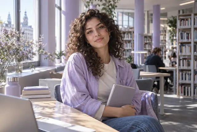 Studentka z notatnikiem w jasnej bibliotece